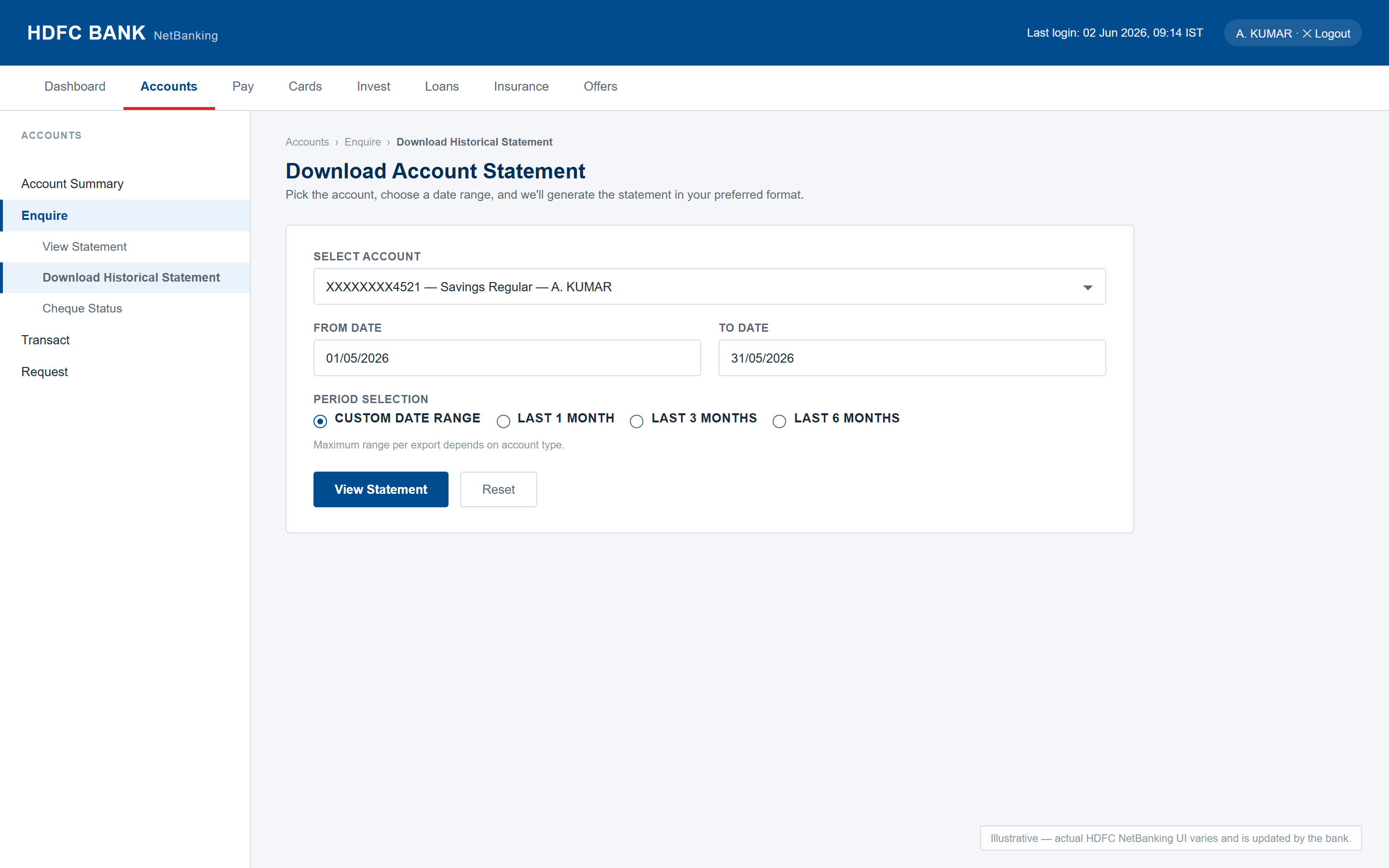 Illustrative HDFC NetBanking screen — Accounts → Enquire → Download Historical Statement, with an account selector, date range, and period radios