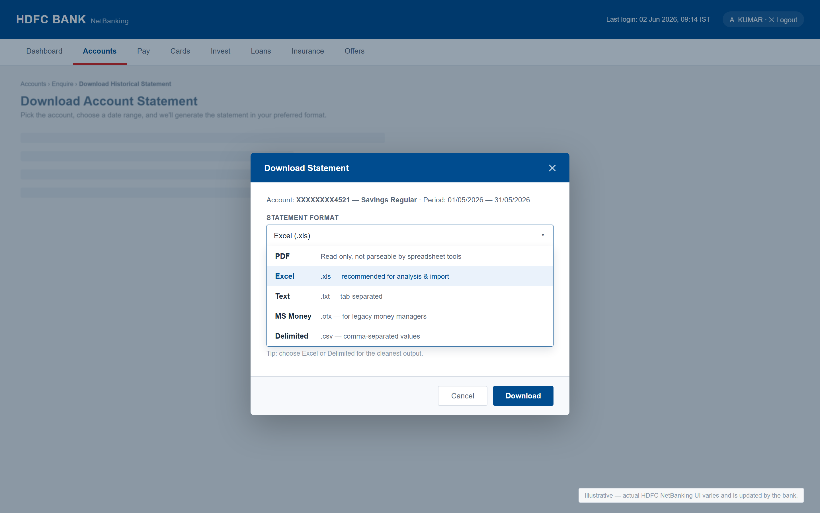 Illustrative HDFC export dialog — format dropdown open showing PDF, Excel, Text, MS Money, and Delimited options, with Excel highlighted as the recommended choice