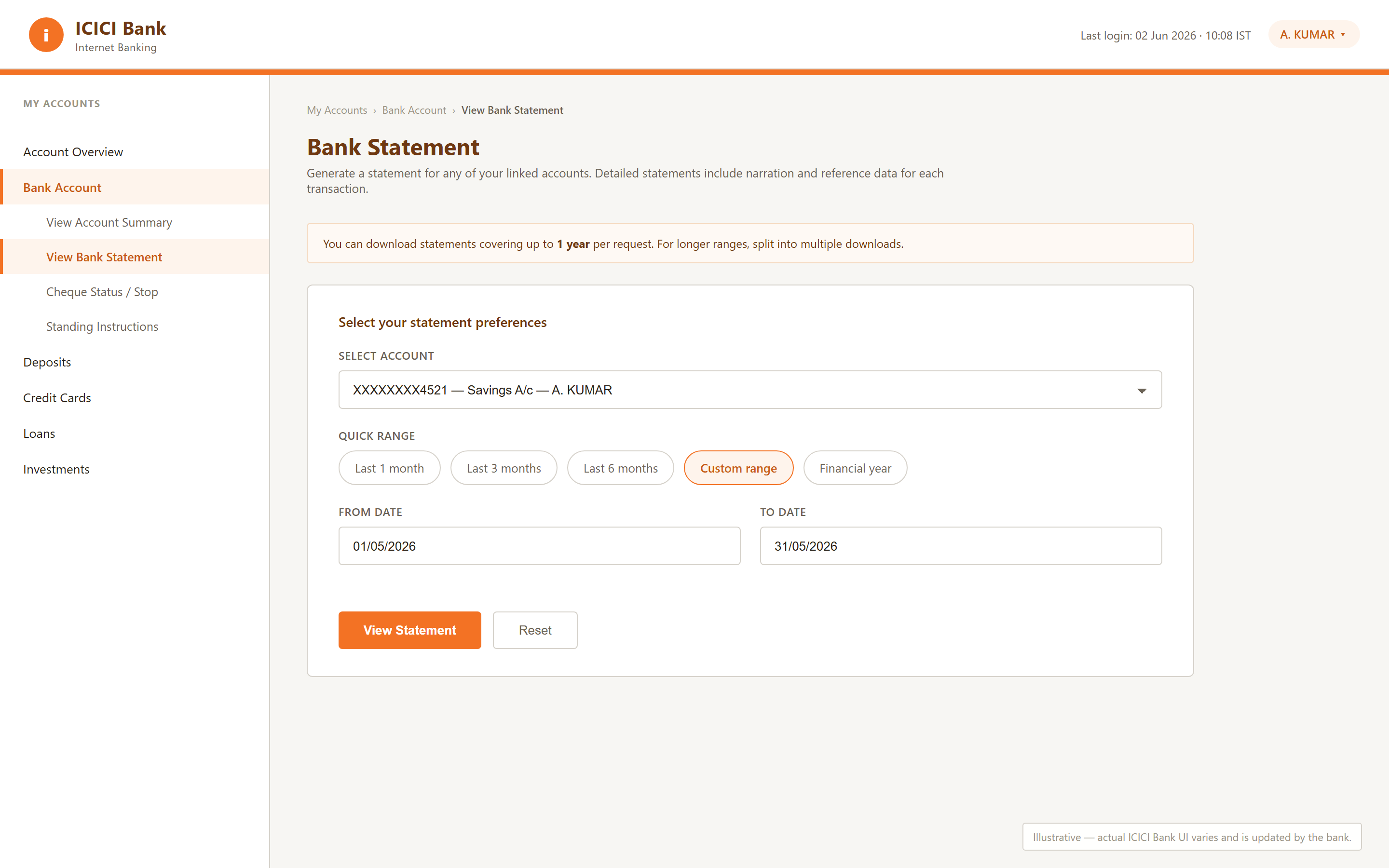 Illustrative ICICI Bank Internet Banking screen — My Accounts → Bank Account → View Bank Statement, with the account selector, a Quick Range pill row (Custom range selected), and From/To date fields