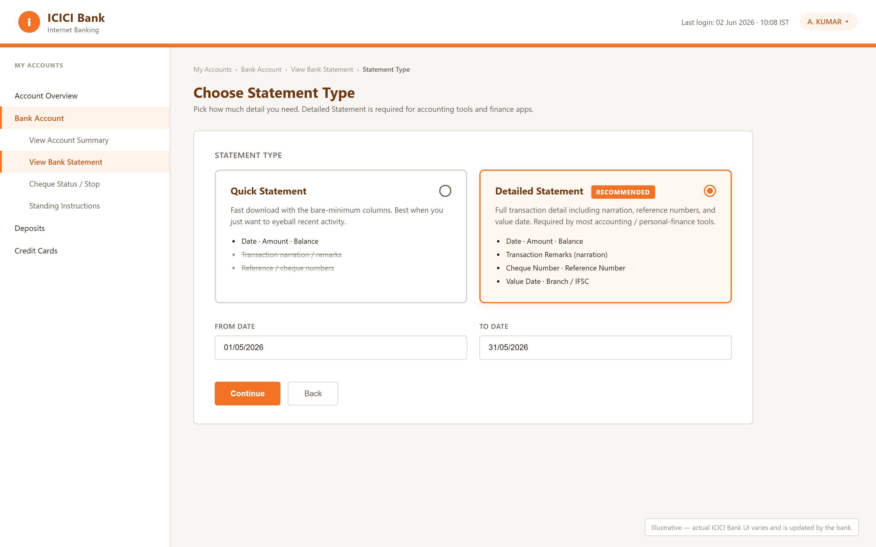 Illustrative ICICI Quick vs Detailed Statement selector — Detailed is highlighted as recommended, showing the additional Transaction Remarks, Reference Number, and Value Date columns that Quick omits