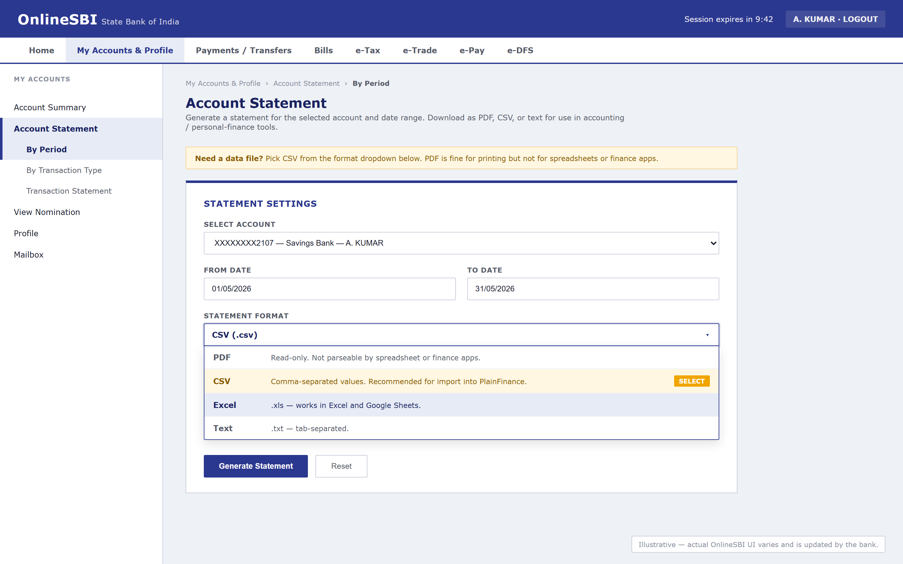 Illustrative OnlineSBI Account Statement screen — format dropdown open showing PDF, CSV, Excel, and Text options with CSV highlighted as recommended for PlainFinance import
