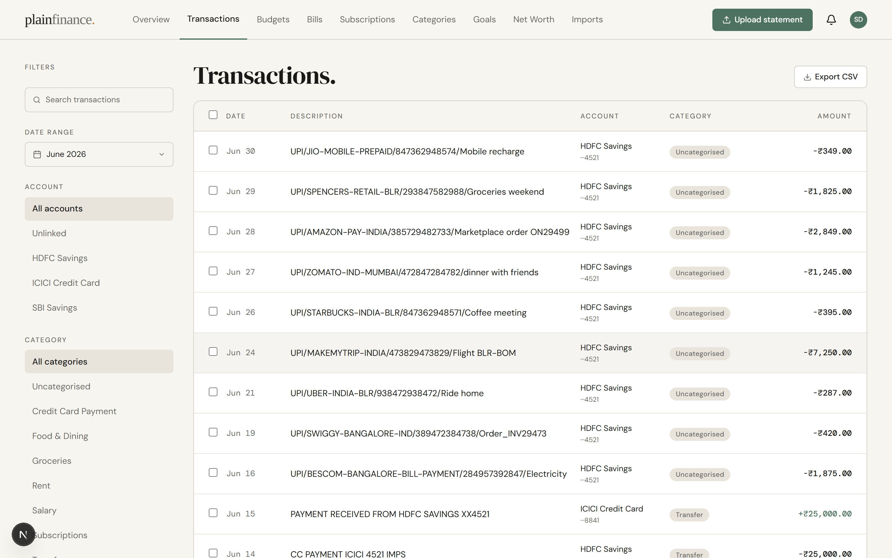 PlainFinance transactions list showing UPI rows from an HDFC import — the Description column carries the bank's full UPI/MERCHANT/REF/REMARKS pattern unchanged