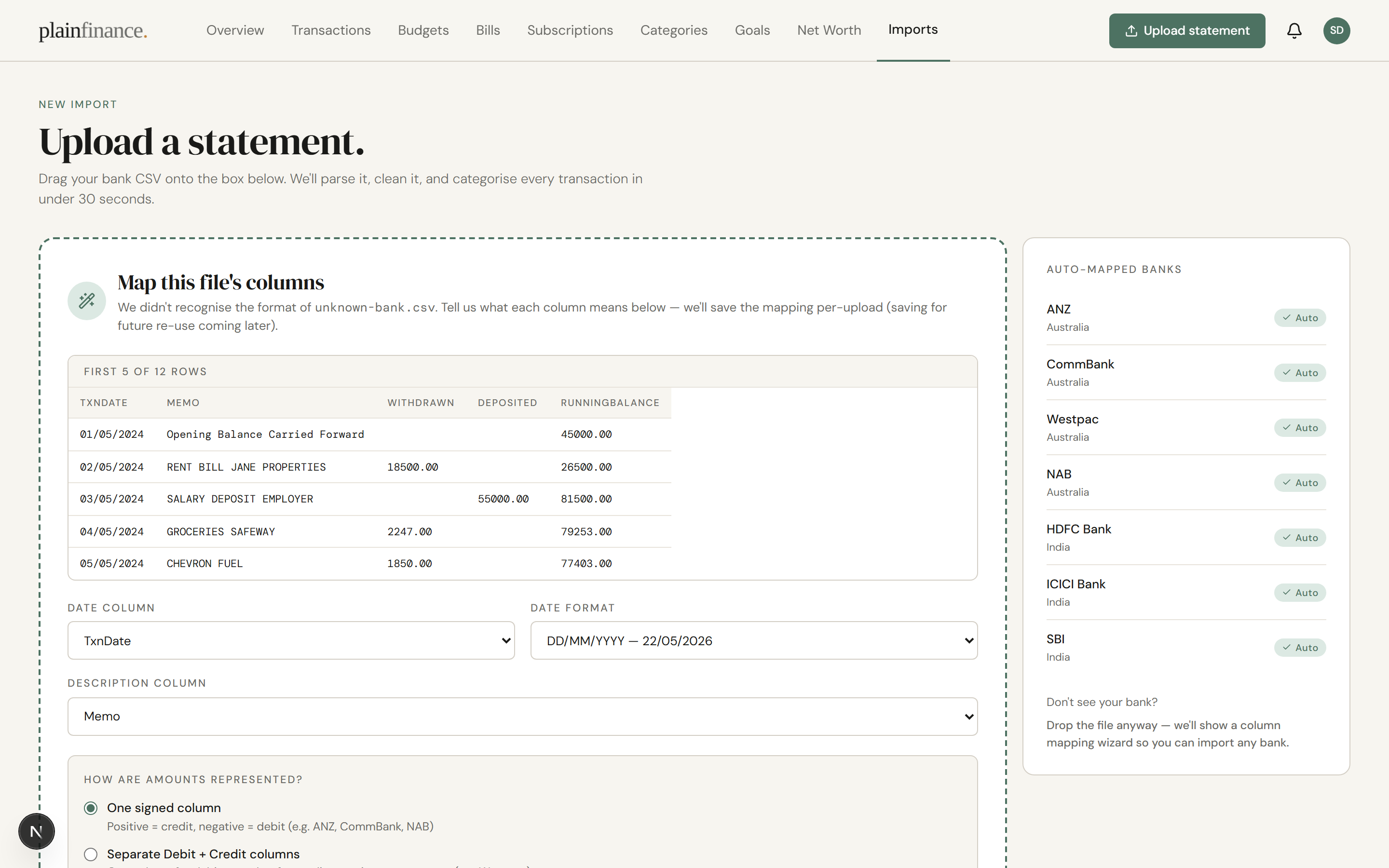 Column-mapping wizard for an unrecognised bank — first 5 rows of the CSV are previewed at the top, then dropdowns for Date Column, Date Format, Description Column, and amount convention below